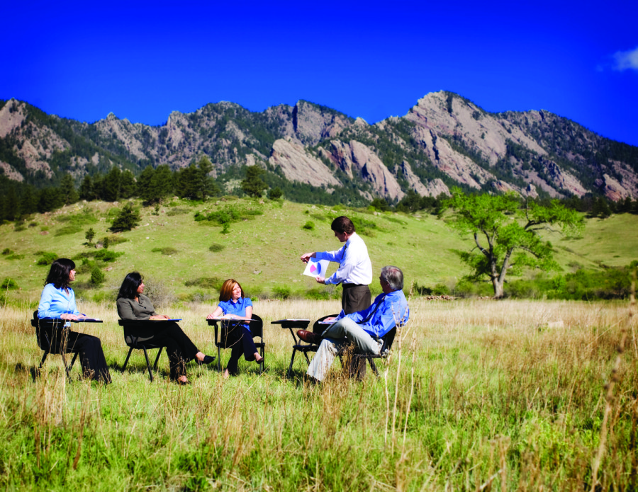 An office presentation being given in a lush open field - (Photo by Office Now)
