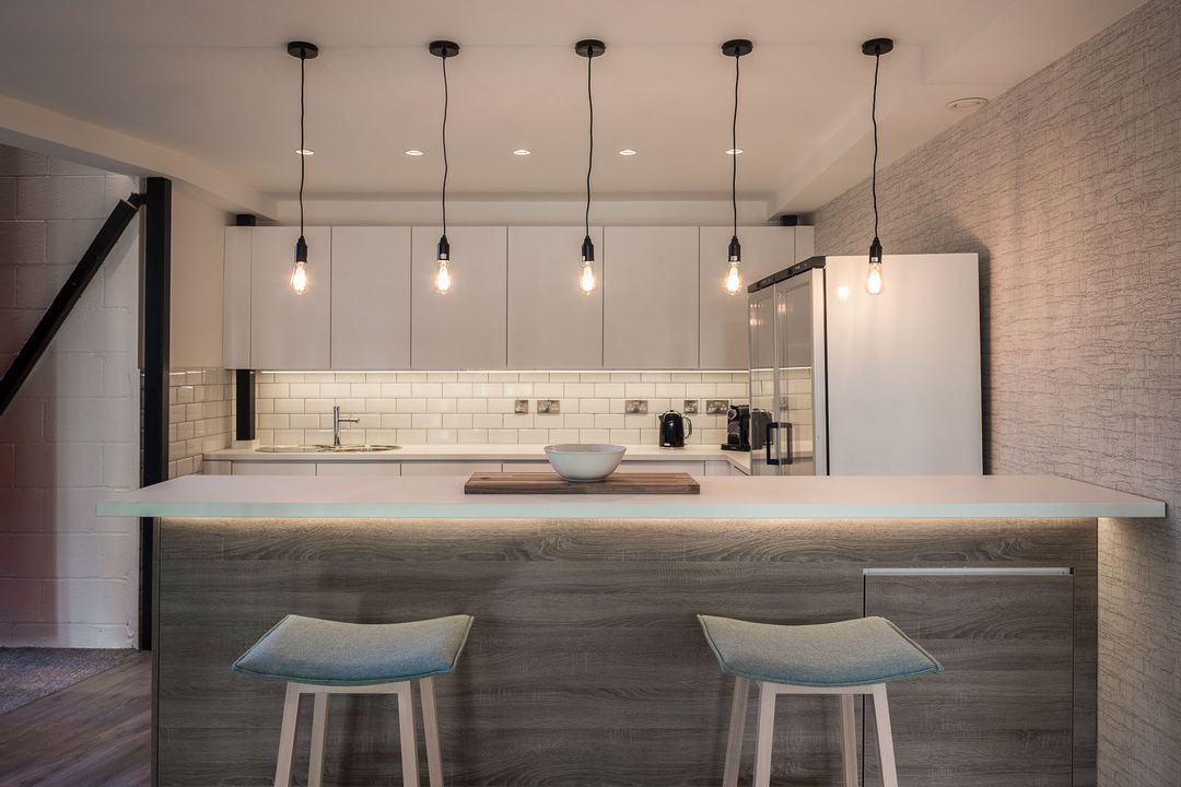 A head on picture of Camira's kitchen in their Clerkenwell showroom