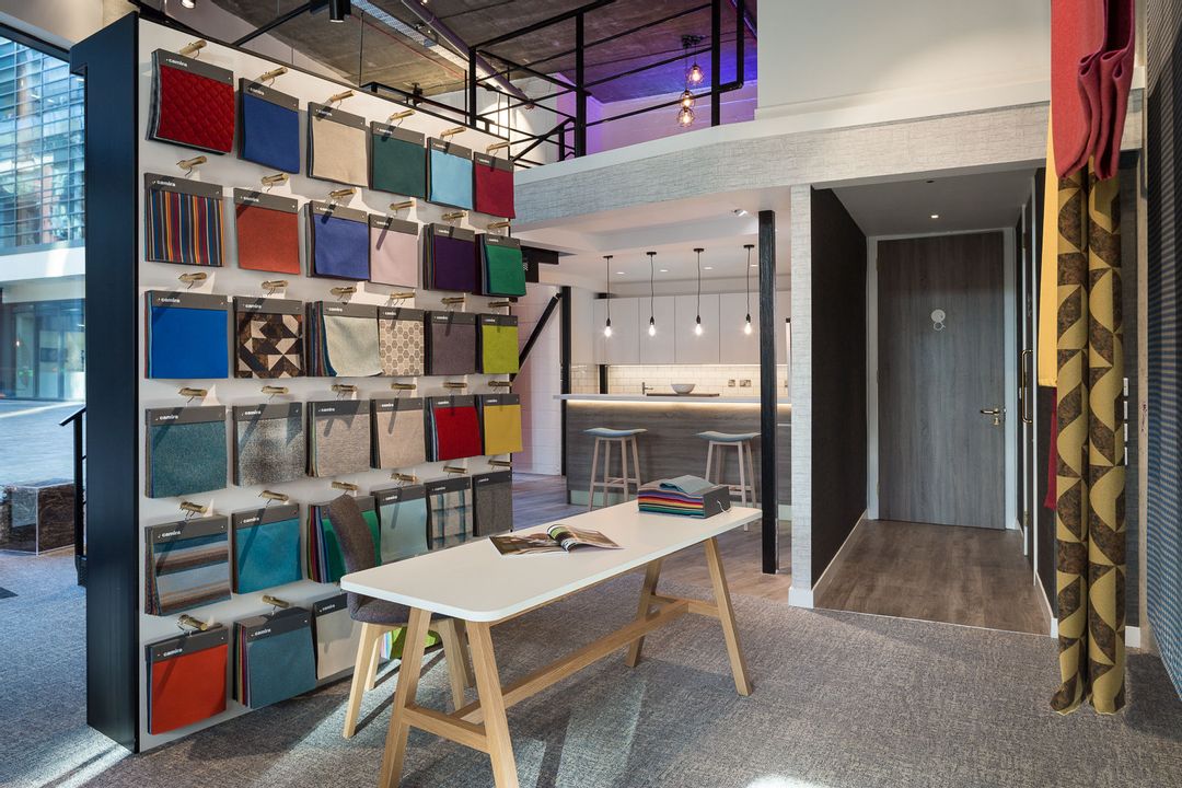 The Fabric swatch wall in Camira's showroom in Clerkenwell