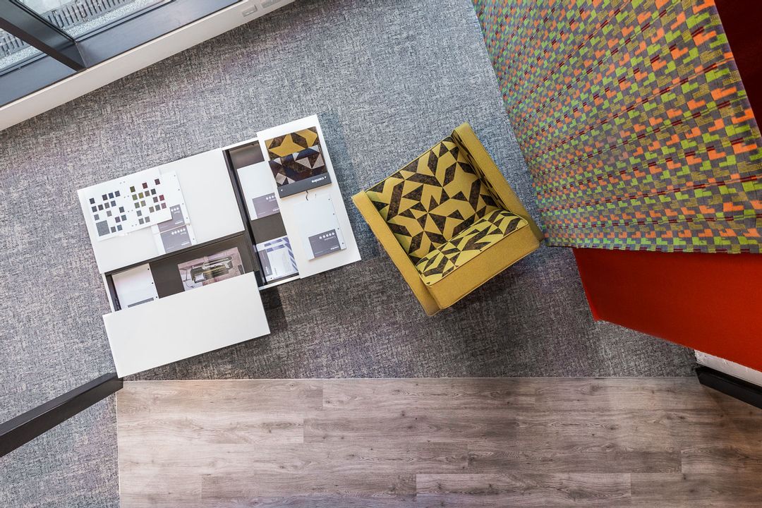 Birds eye view of the breakout area in Camira's showroom in Clerkenwell
