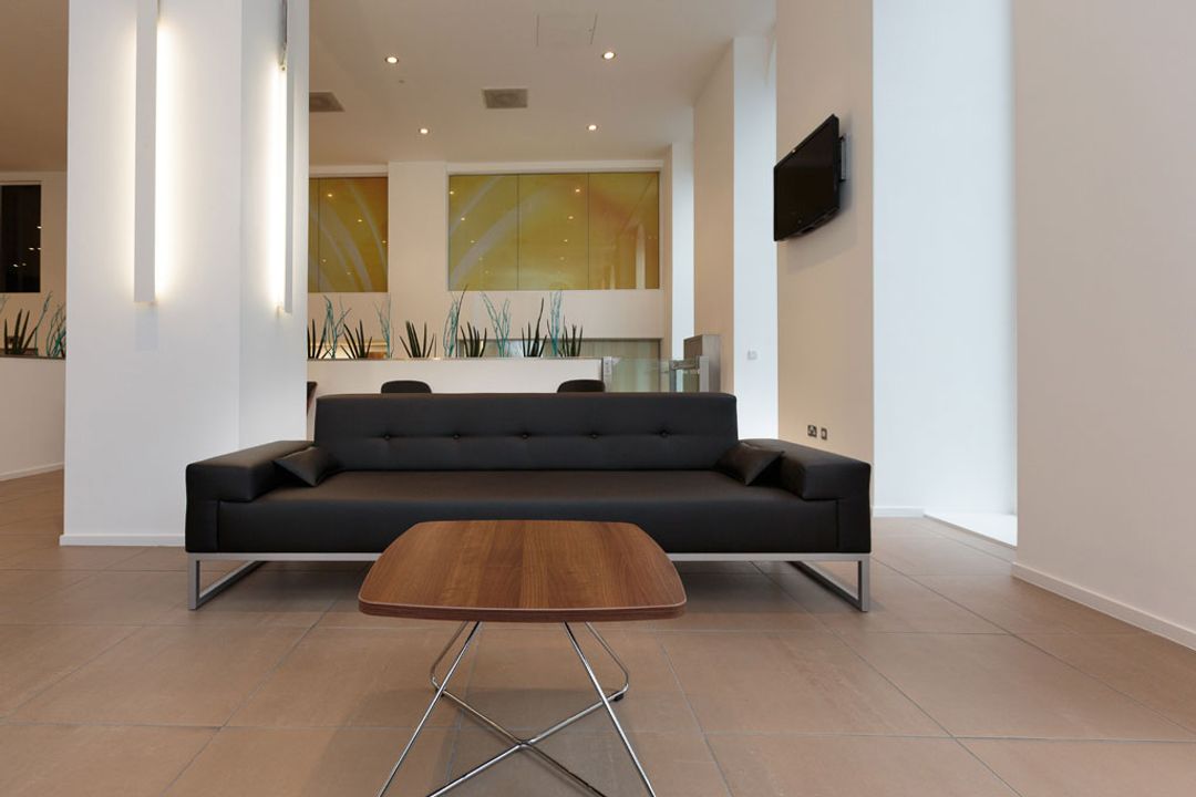 Spirit wooden topped table in walnut veneer and chrome wire frame