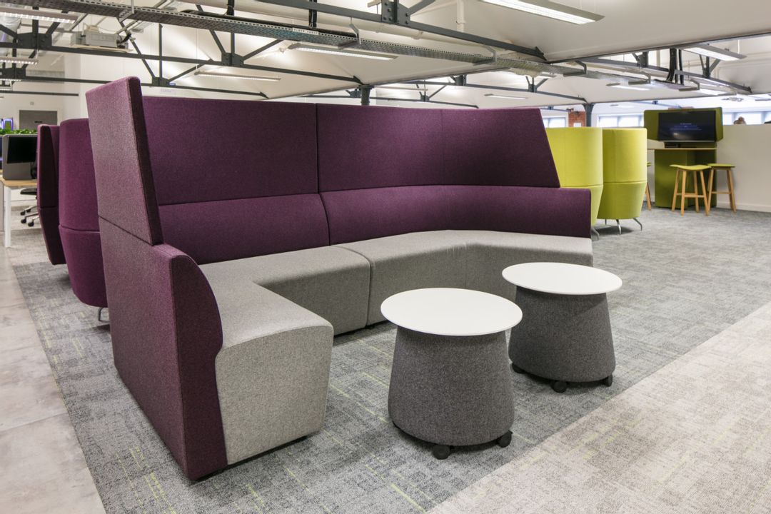Car Finance 247 - 6th Floor Breakout Space with Orangebox 'Away From The Desk' soft seating booth and mobile tables.