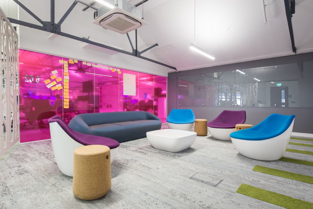 Car Finance 247 - 6th Floor Development Brainstorming Area complete with Buzzispace's Buzzifalls, Modus Orbital Chair & Low Table, Modus Bob Stools in Cork and Allermuir Jinx 3 seater Sofa