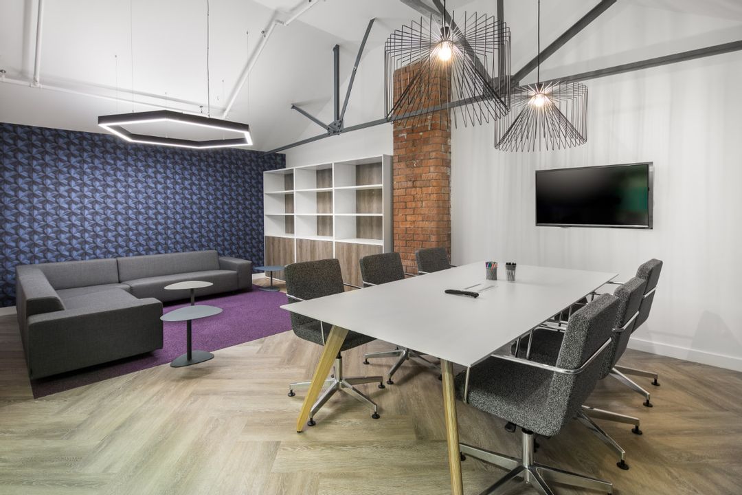 Car Finance 247 - 6th Floor Library and Professional Development Suite. Furnished with Sven Ligni Table in Oak Legs and White top, Hitch Mylius sofa and lit by Wever Ducre's Wiro and Mount Lighting Linear Lights