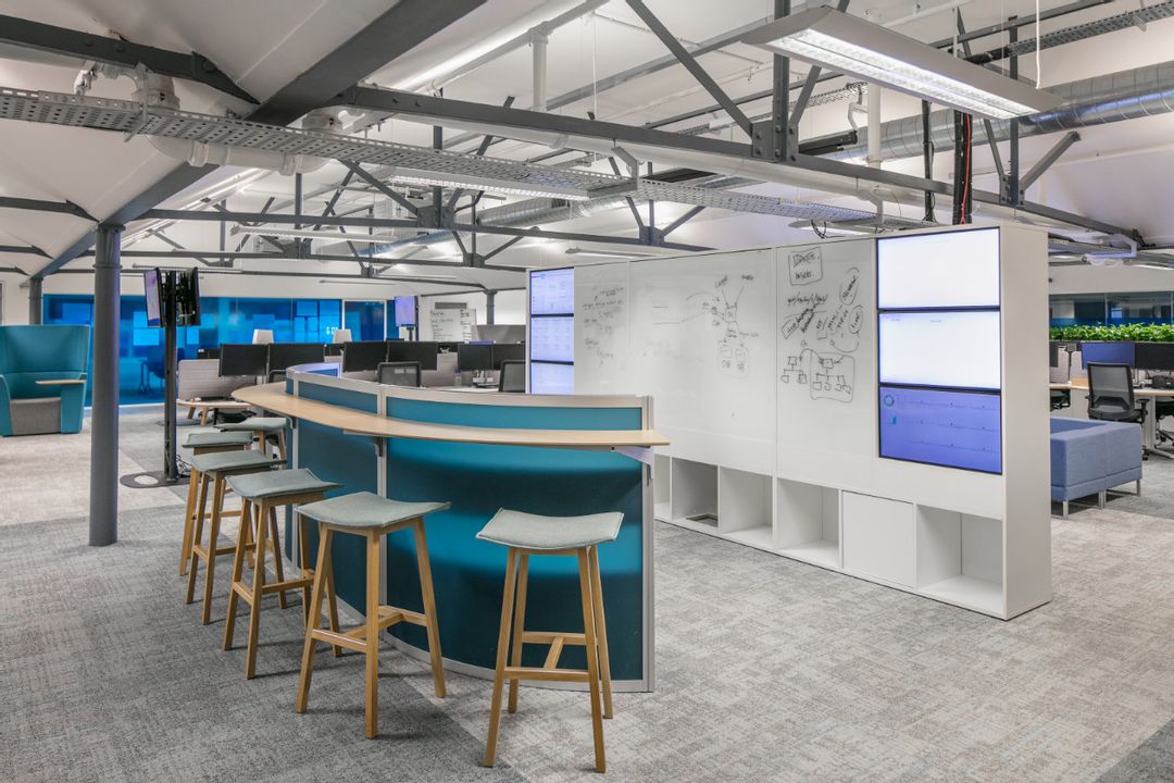 Car Finance 247 - 6th Floor DevOps Collaboration Suite - Custom made Writable Collaboration Media Unit with Orangebox 'Away from the Desk' seating unit and 'On Your Jays' wooden frame Cafe Stool